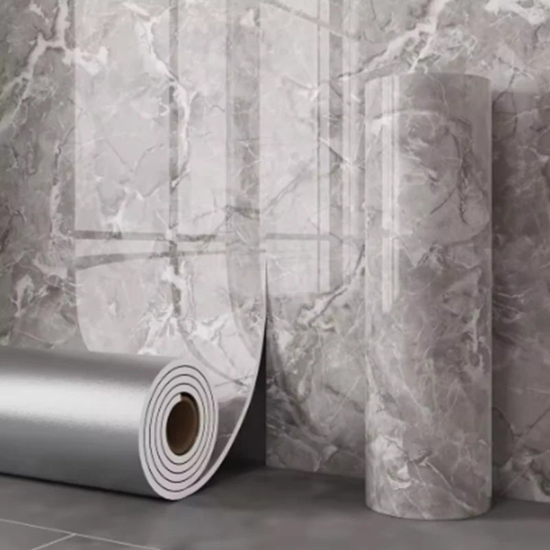 Light gray marble-pattern self-adhesive wallpaper roll with thick foam tile-look design