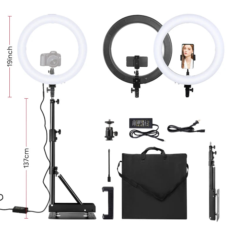 19-inch LED ring light with adjustable stand, phone and camera mounts, power adapter, and carrying case for photography.