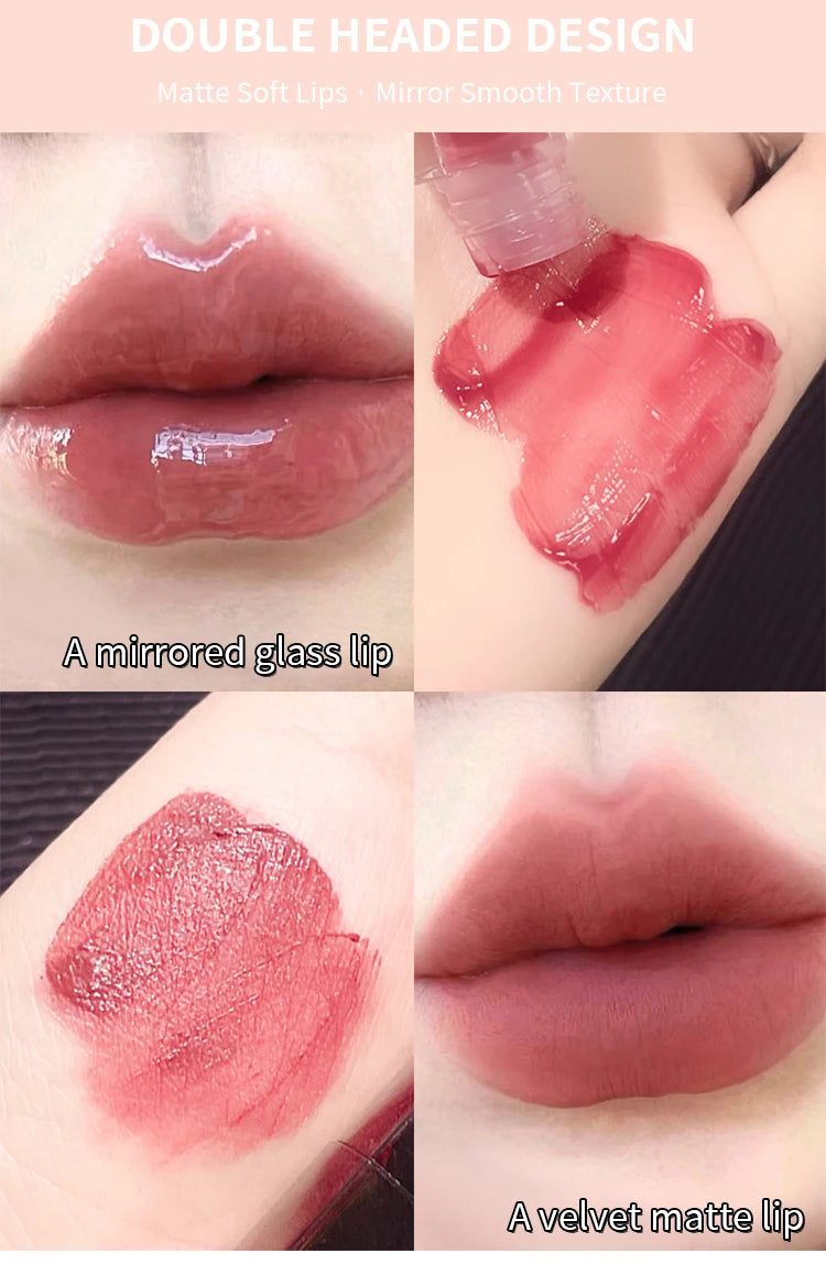 Double-ended lip gloss showing mirror-shine and velvet matte textures in a natural pink-red shade.