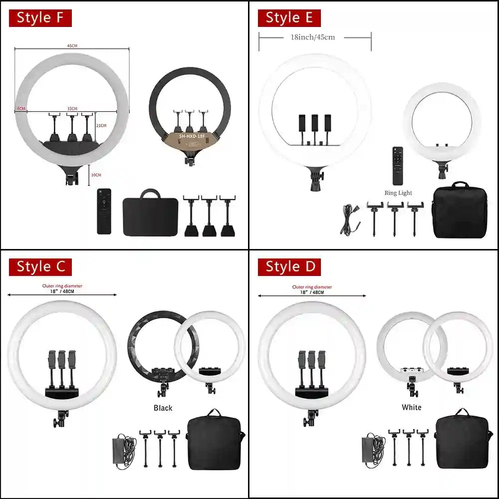 18-inch LED ring light kits with multiple phone mounts, remote control, and carrying case for photography and streaming.