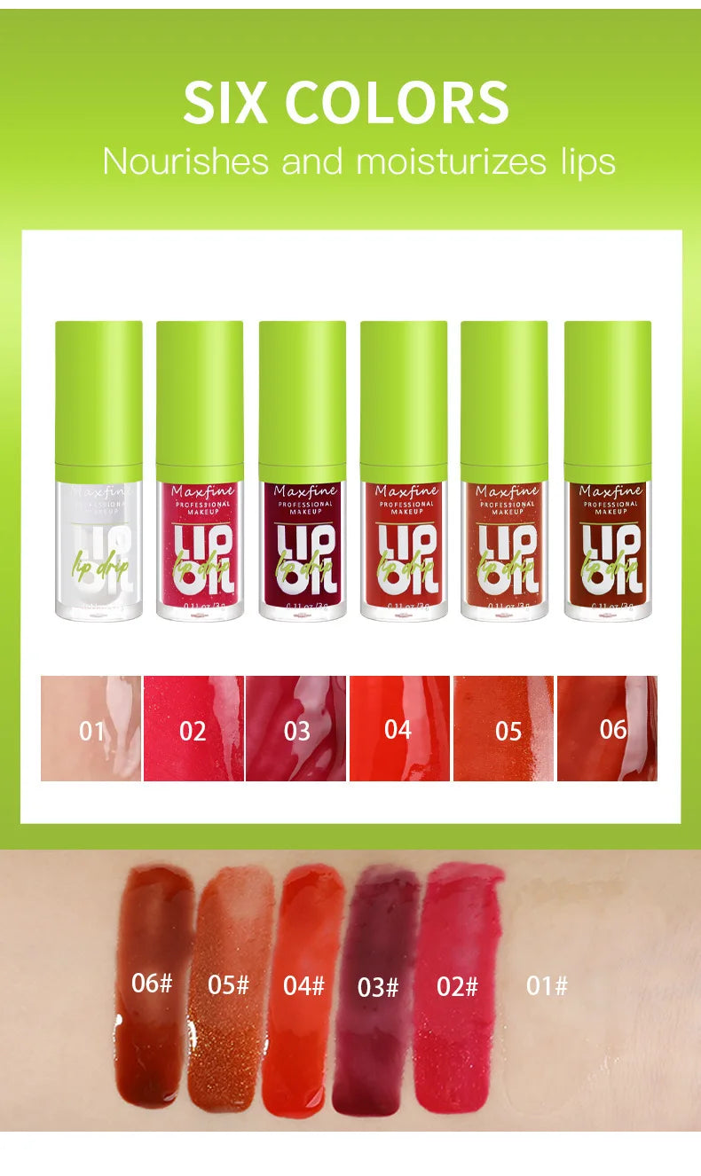 Six-color set of waterproof, high-shine lip oil. Smudge-proof, hydrating lip gloss with sheer to pigmented swatches.