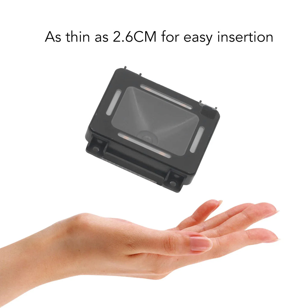 Black ultra-thin 2D barcode reader module held by hand, showing mounting frame