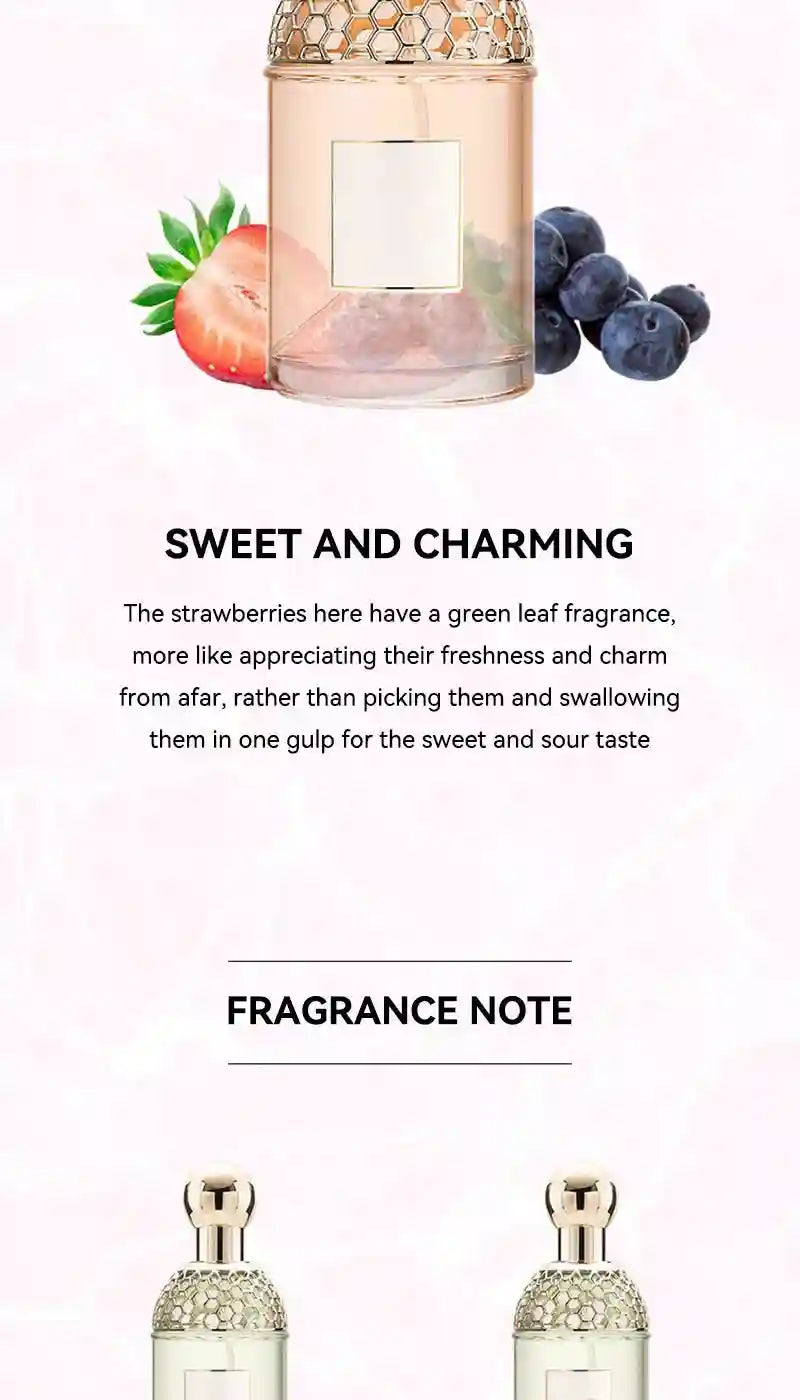 Flora Water floral fruity women's EDT, 100ml perfume with strawberry, blueberry notes in a honeycomb cap glass bottle.