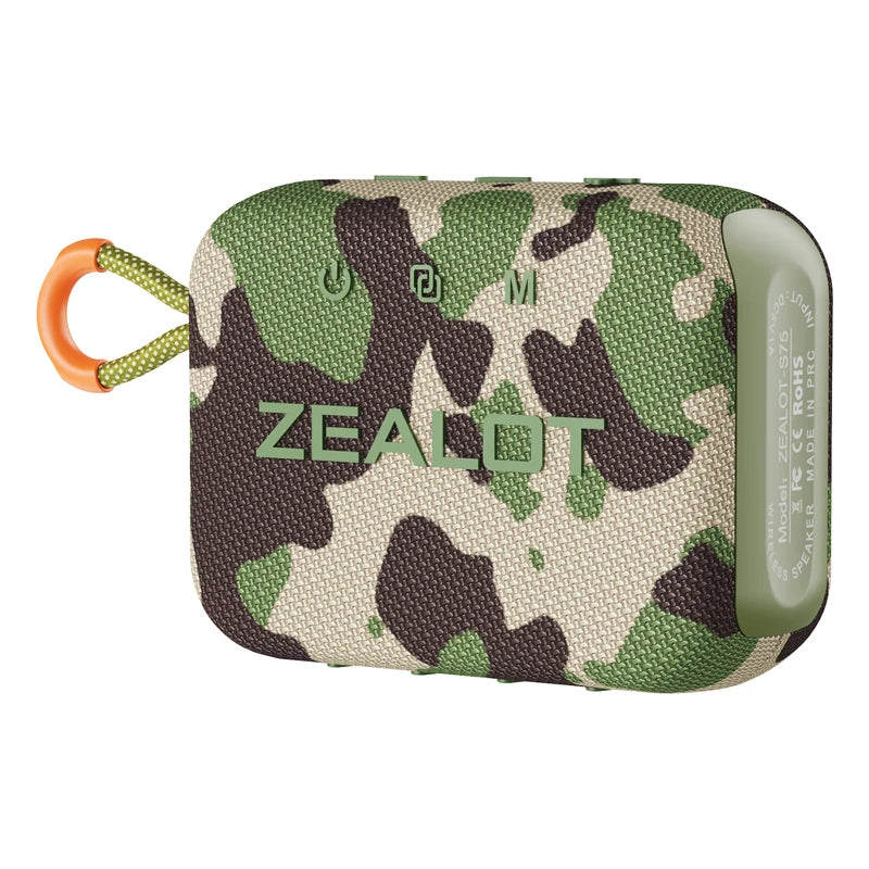 Portable wireless shower speaker, camo fabric with orange handle and top control icons