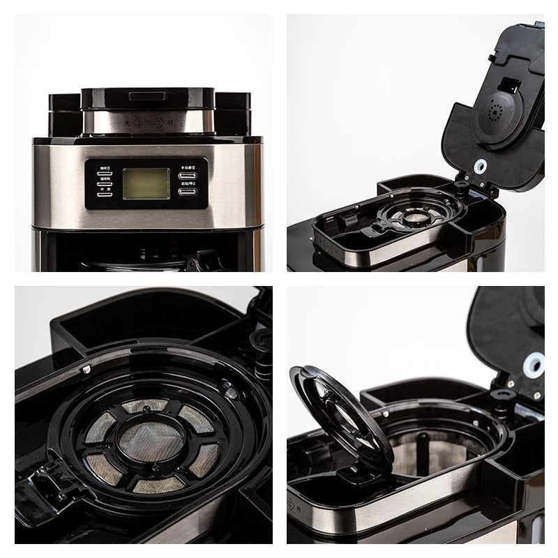 Stainless steel programmable coffee maker with digital display, mesh filter, and open brewing compartment details.