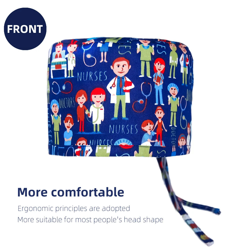 Adjustable blue scrub cap with medical print, sweatband, and tie-back for vet, nurse, and dental clinic comfort.
