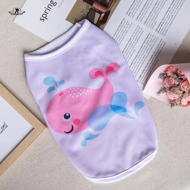 Cute lavender summer vest for small dogs with pink whale print. Breathable lightweight pet shirt for Chihuahuas.