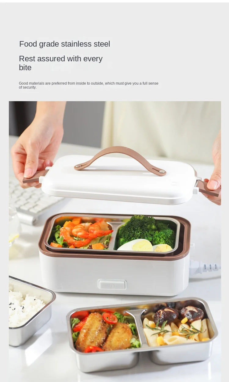 Portable electric heating lunch box with lid open, showing stainless food trays and inserts.