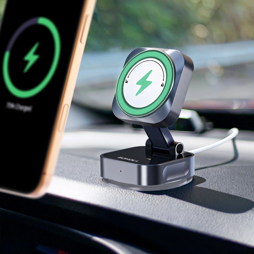 Bonola Suction Cup Car Wireless Charger Foldable for iPhone 17/16/15/Android 15w Magnetic Wireless Charging Vacuum Suction Stand