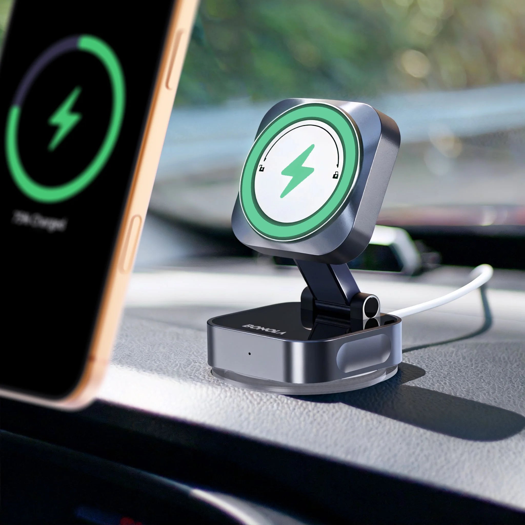 Wireless Car Charger Vacuum Suction Stand - Qi Certified for iPhone 16 Gray Tidesmit