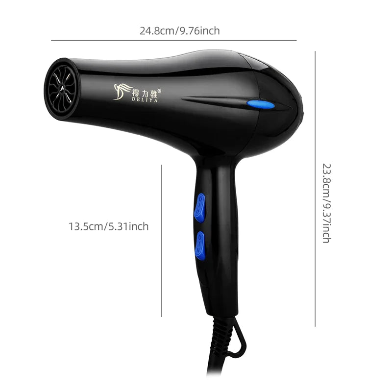 Black professional hair dryer with blue speed and heat control switches, 220V salon-grade blow dryer for home styling.