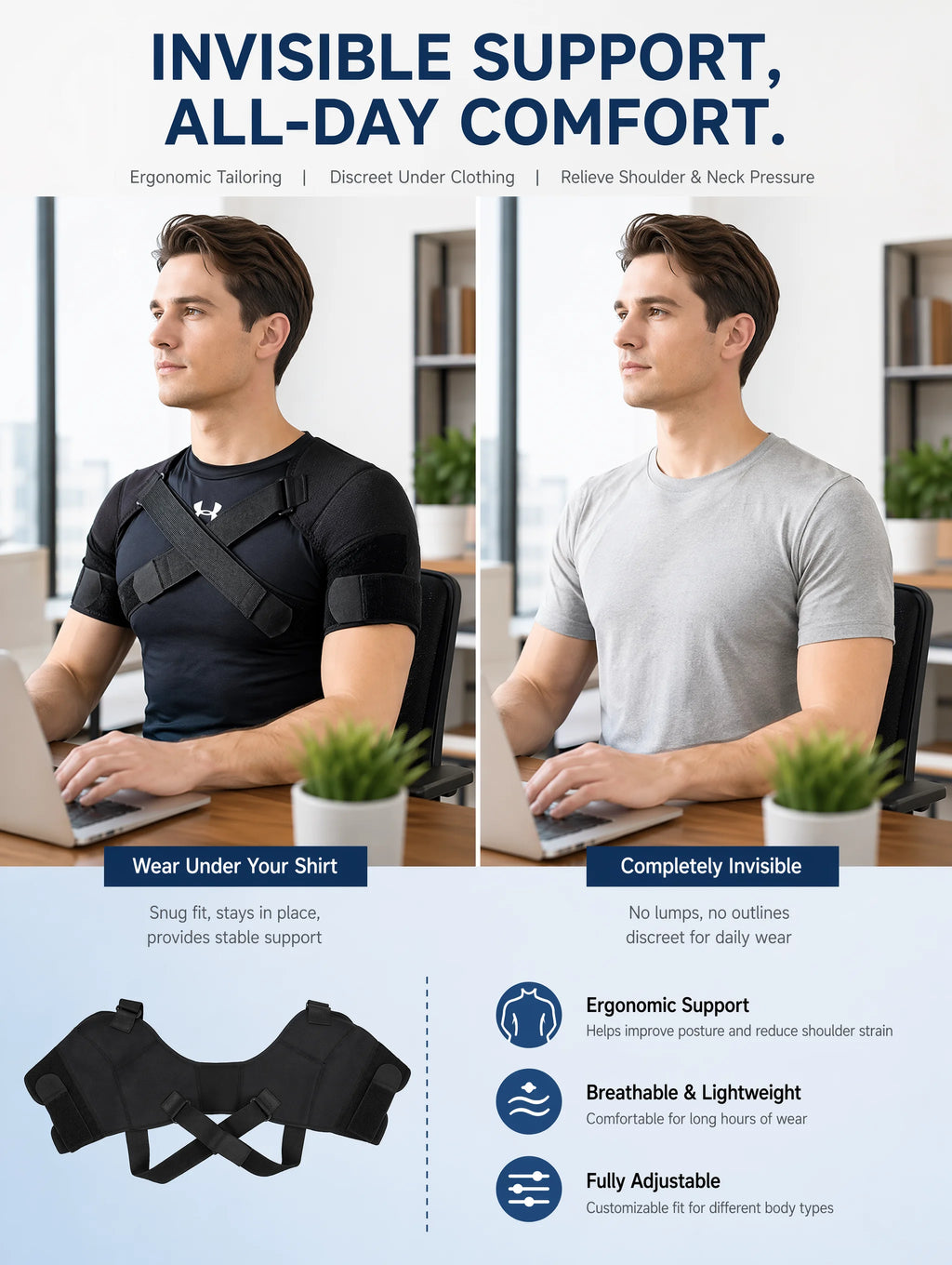 Double Shoulder Brace Adjustable Breathable Neoprene Compression Support Cross Strap for Men Women Sports Injury Pain Relief