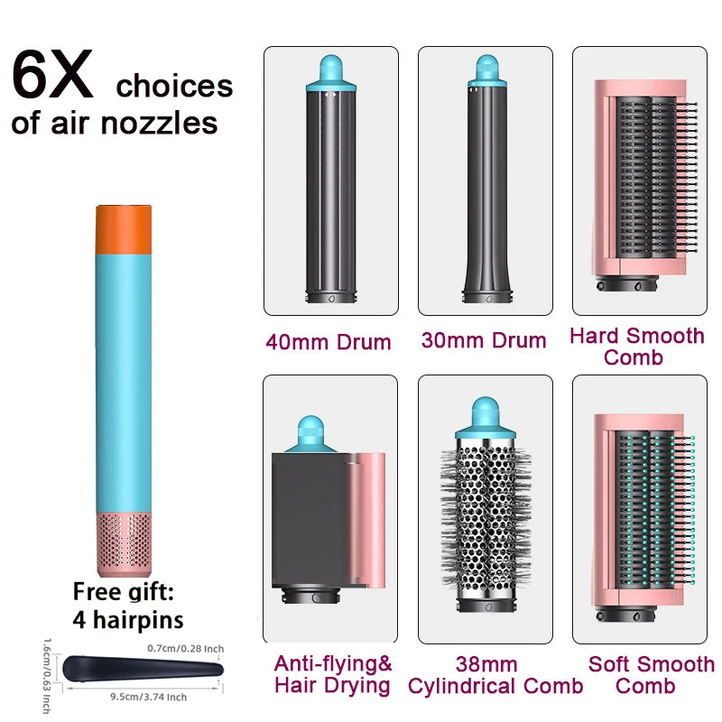 SenCiciMen 6-in-1 multi hair styler with 6 attachments, curling barrels, and brushes in blue and pink professional set.