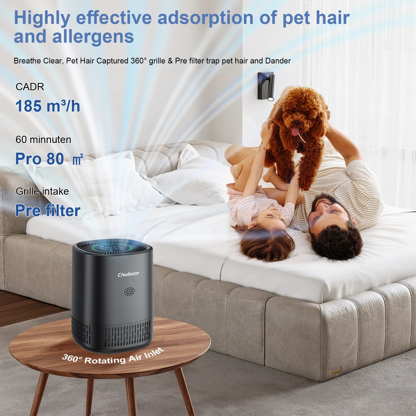 Chuboor air purifier in black, removing pet dander and hair in a bedroom for cleaner, healthier home air.
