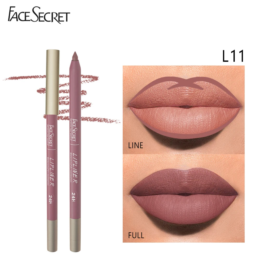 Face Secret waterproof velvet matte lip liner pencil in shade L11, showing lip lining and full coverage application.