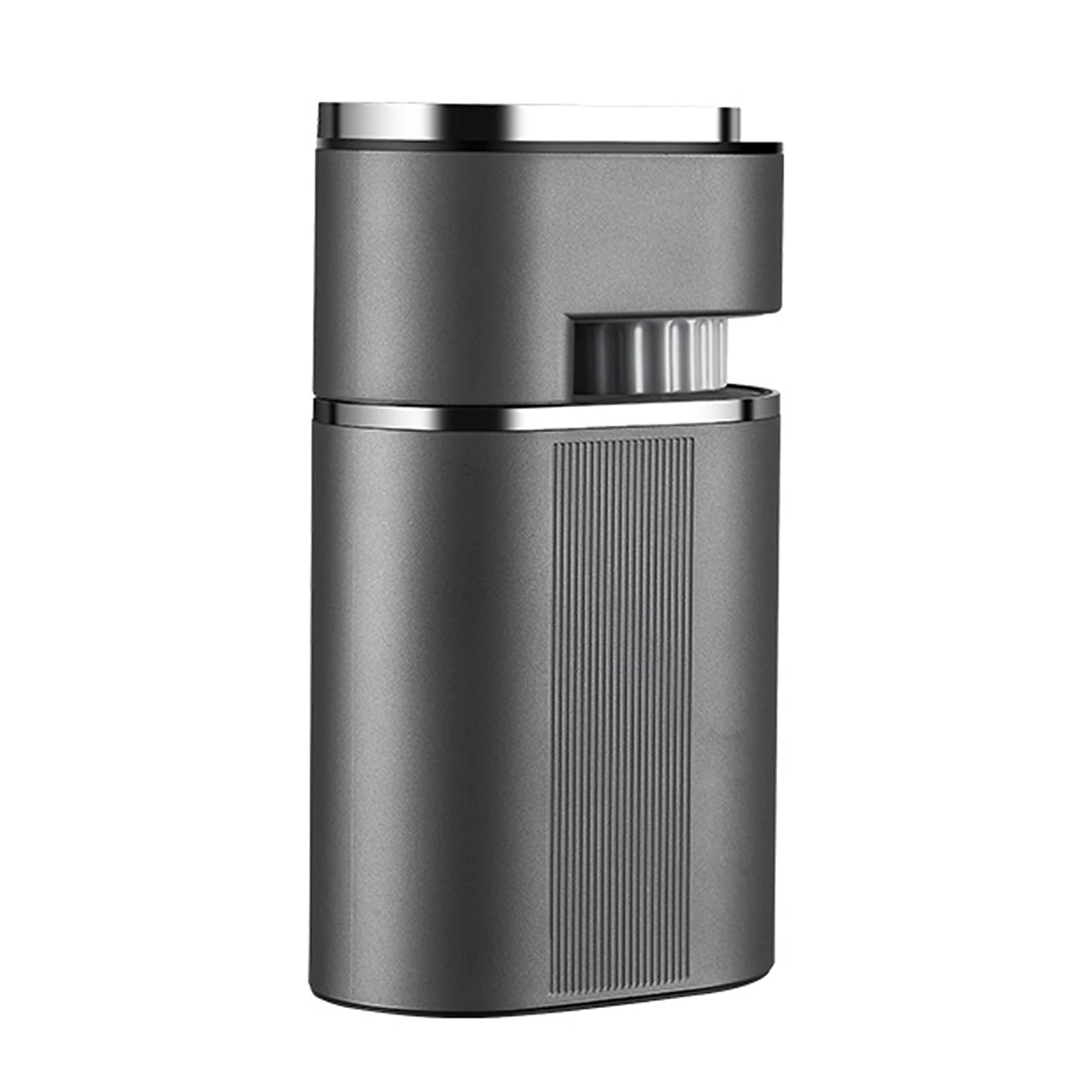 Compact matte gray electric coffee grinder with vertical textured grip and chrome top detail isolated on white.