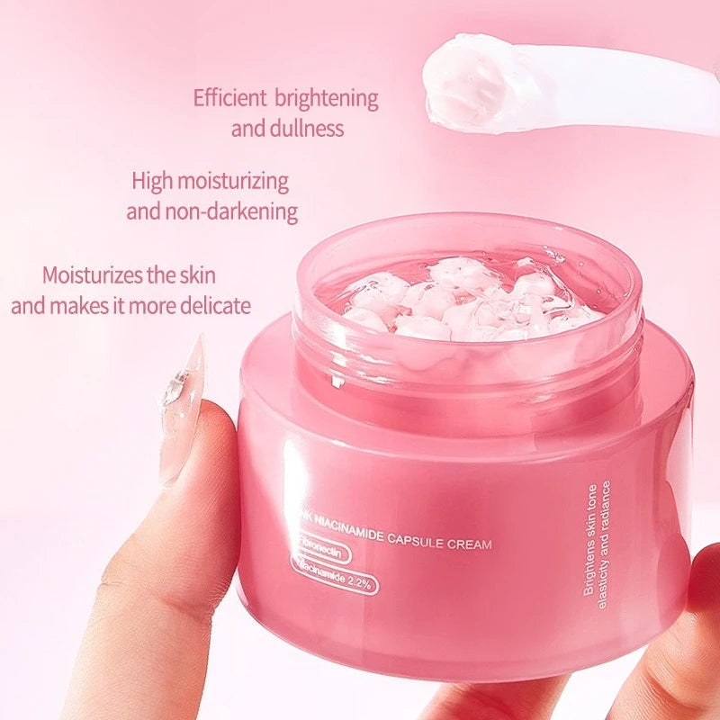 A jar of pink collagen capsule cream held in a hand, with a scoop of cream above and text overlay on a pink background.