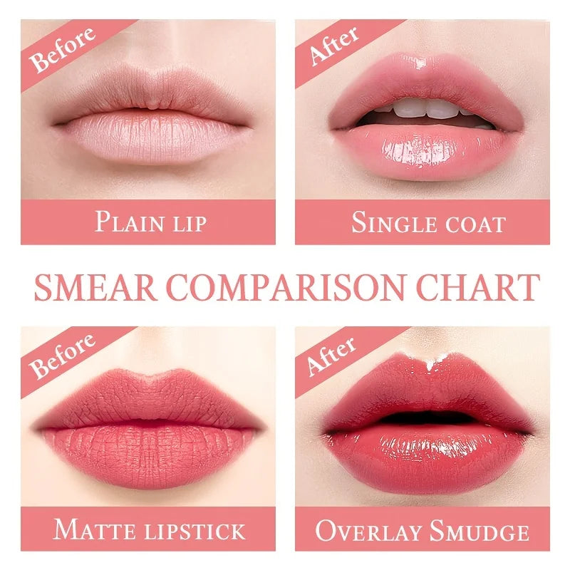 Crystal flower jelly lipstick smear comparison chart showing moisturizing, glossy color-changing lip balm application.
