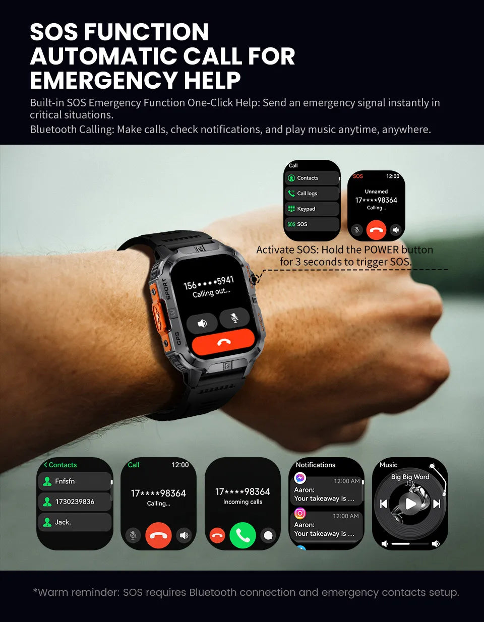 2026New Outdoor Military Men's Smartwatch, Equipped With GPS LED Lighting, Compass, Wireless Communication IP68 Waterproof Watch