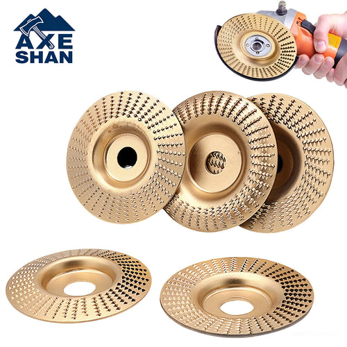 Gold tone abrasive angle grinder disc set with circular cutout center, three discs