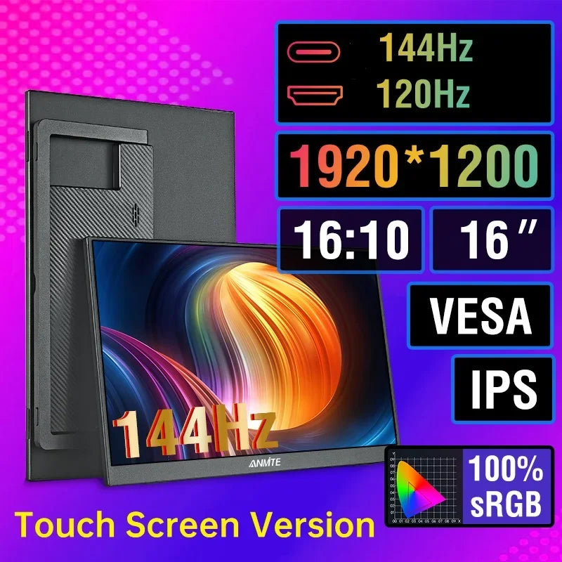 Anmite 16-Inch 144Hz Portable Touch Monitor Non-touch optional 1200P For XBox PS4 / 5 Switch Cell Phone PC Loptop Extension