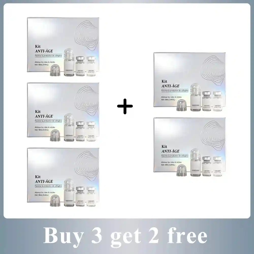 Anti-aging kit with three small clear serum vials in a silver box. Five total boxes included in this bundle deal.