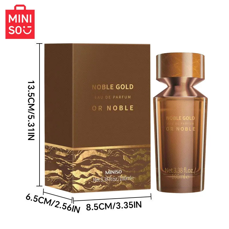 Miniso Noble Gold Eau de Parfum for men: 100ml woody designer fragrance in a sleek brown hourglass-shaped glass bottle.