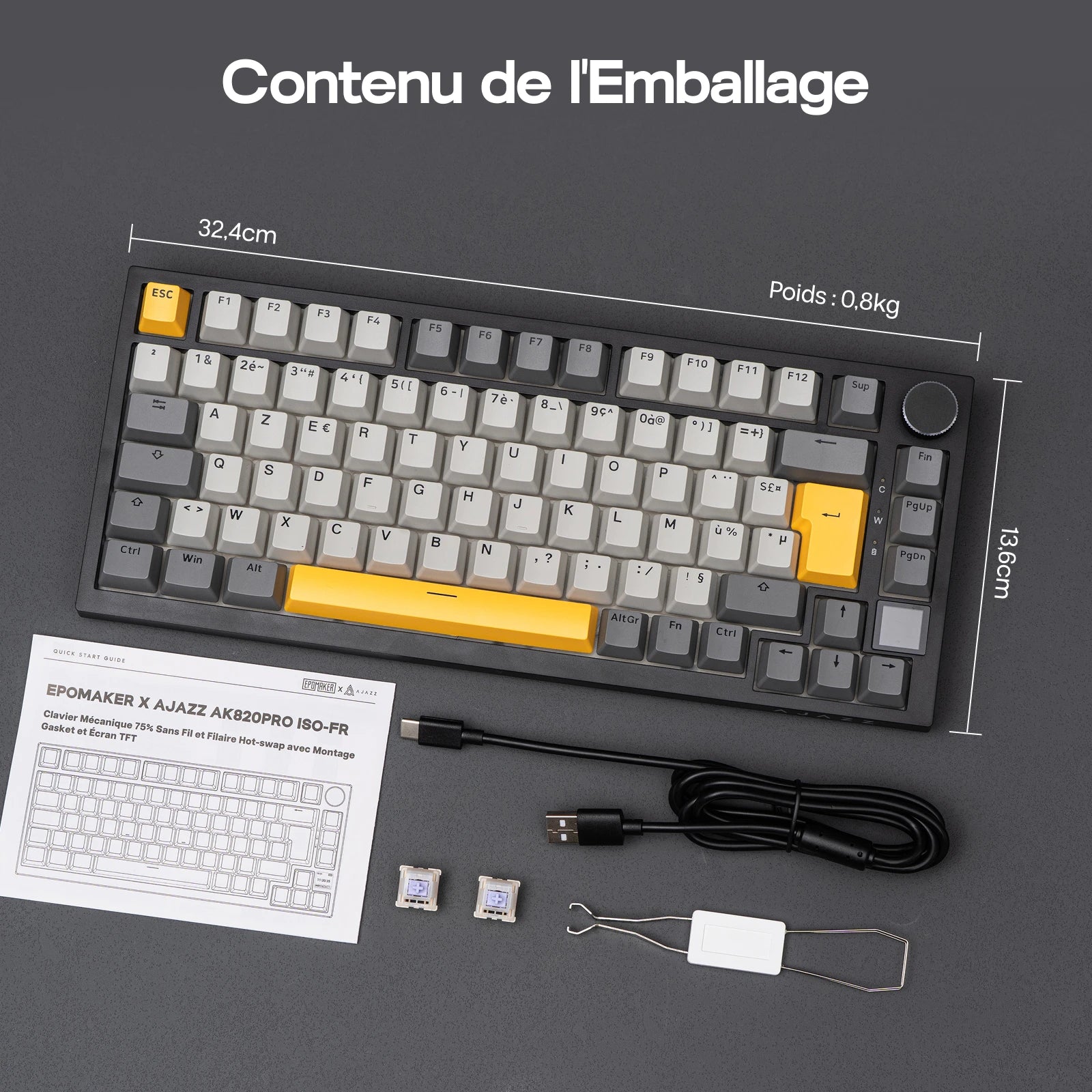 ISO-FR Layout EPOMAKER X AJAZZ AK820 PRO 75% AZERTY French Gasket Wired/Bluetooth/2.4GHz Wireless Mechanical Keyboard with Interactive TFT & 4000mAh