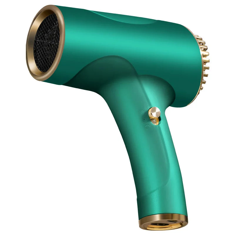 Wireless portable negative ion hair dryer in emerald green with gold accents and ergonomic handheld design.