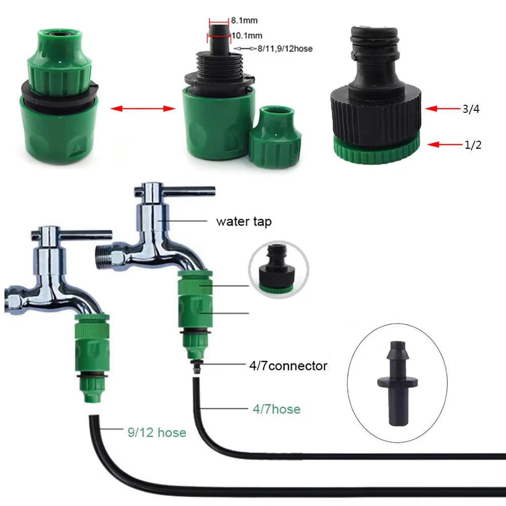 Green quick coupling adapter for garden hoses with barbed connection and threaded inlet