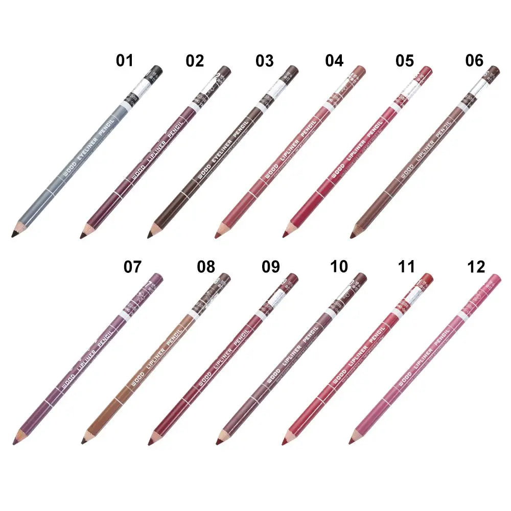 Set of 12 waterproof wood lip liner pencils in various shades for long-lasting, professional lip makeup application.