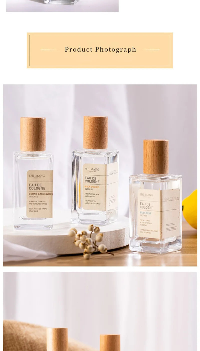 Shi Mang woody fruity cologne set: 50ml square glass bottles with wood caps, long-lasting unisex Eau de Cologne spray.