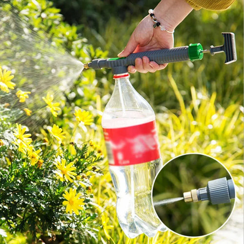 Manual drink bottle sprayer with grey ribbed hose and green adjustable nozzle
