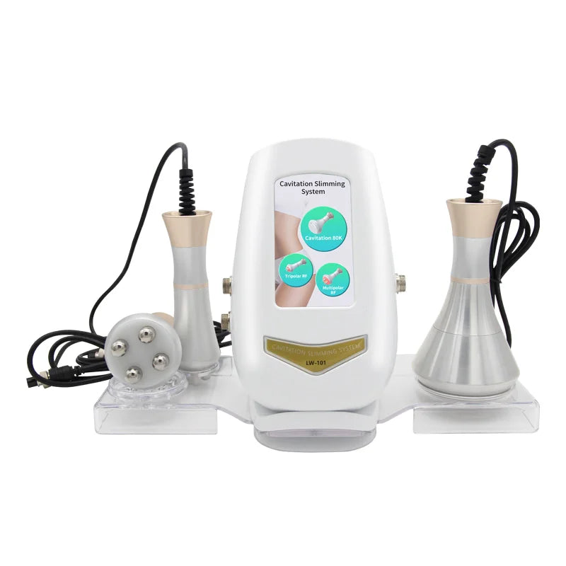 White cavitation slimming system machine with touchscreen display, two metallic handpieces, and a clear acrylic stand.