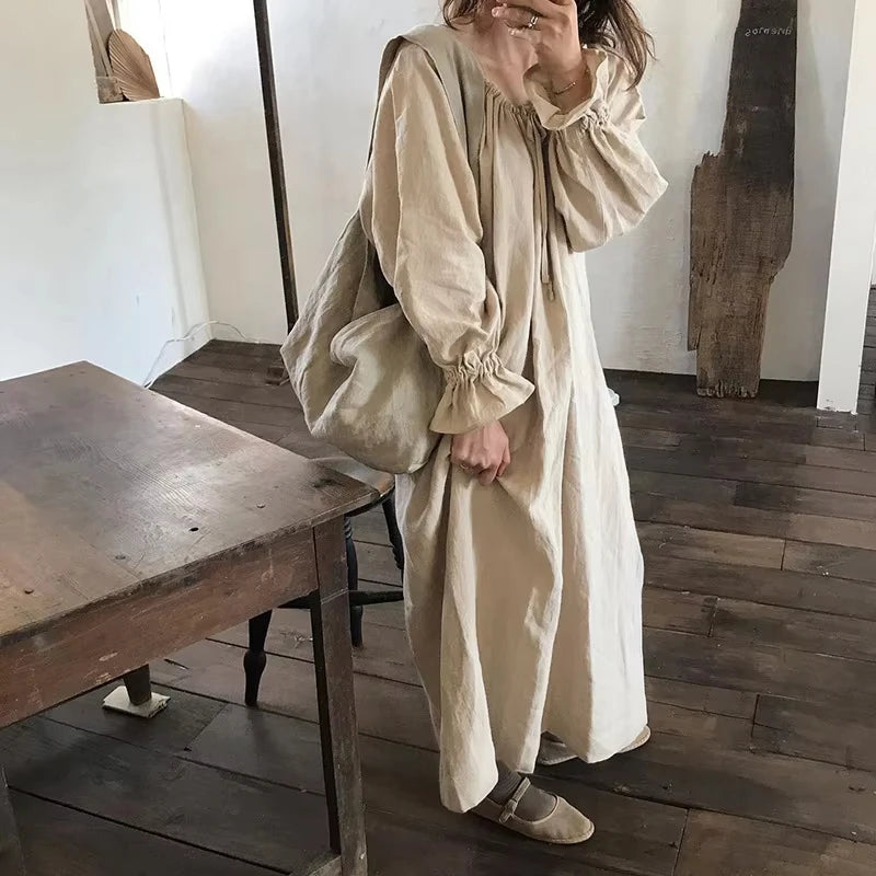 Original New Spring Vintage Cotton Linen Dress for Women Solid Long Sleeve Drawstring Linen One-Piece Dress Maxi Dress