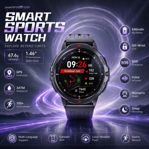 Black GPS sports smartwatch with round display and dark silicone band