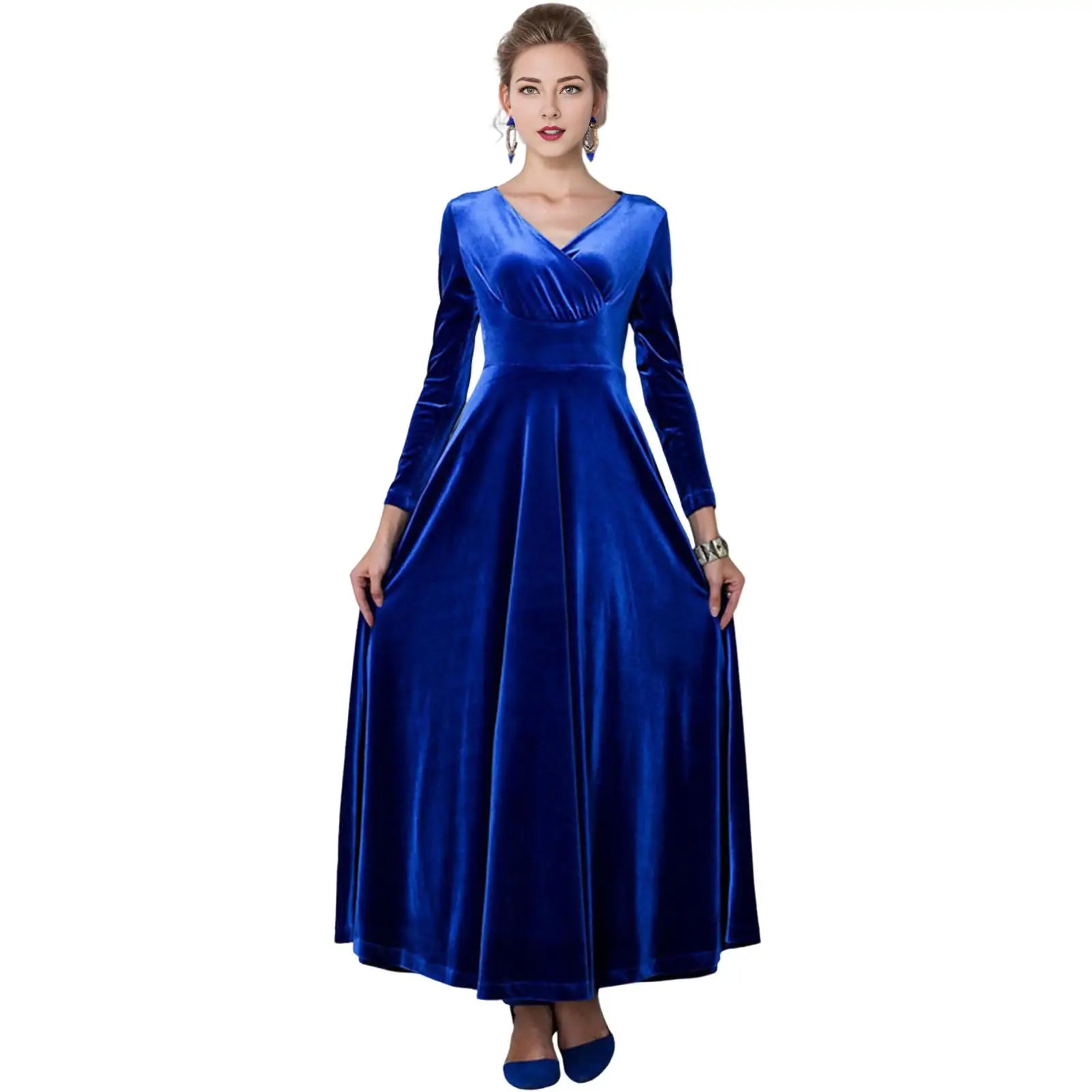 Vintage Women Autumn Long Sleeve V Neck Pleated Velvet Banquet Party Maxi Dress Party Wedding Elegant Evening dress 