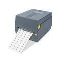 Gray desktop barcode label printer with ribbon, showing a printed label strip