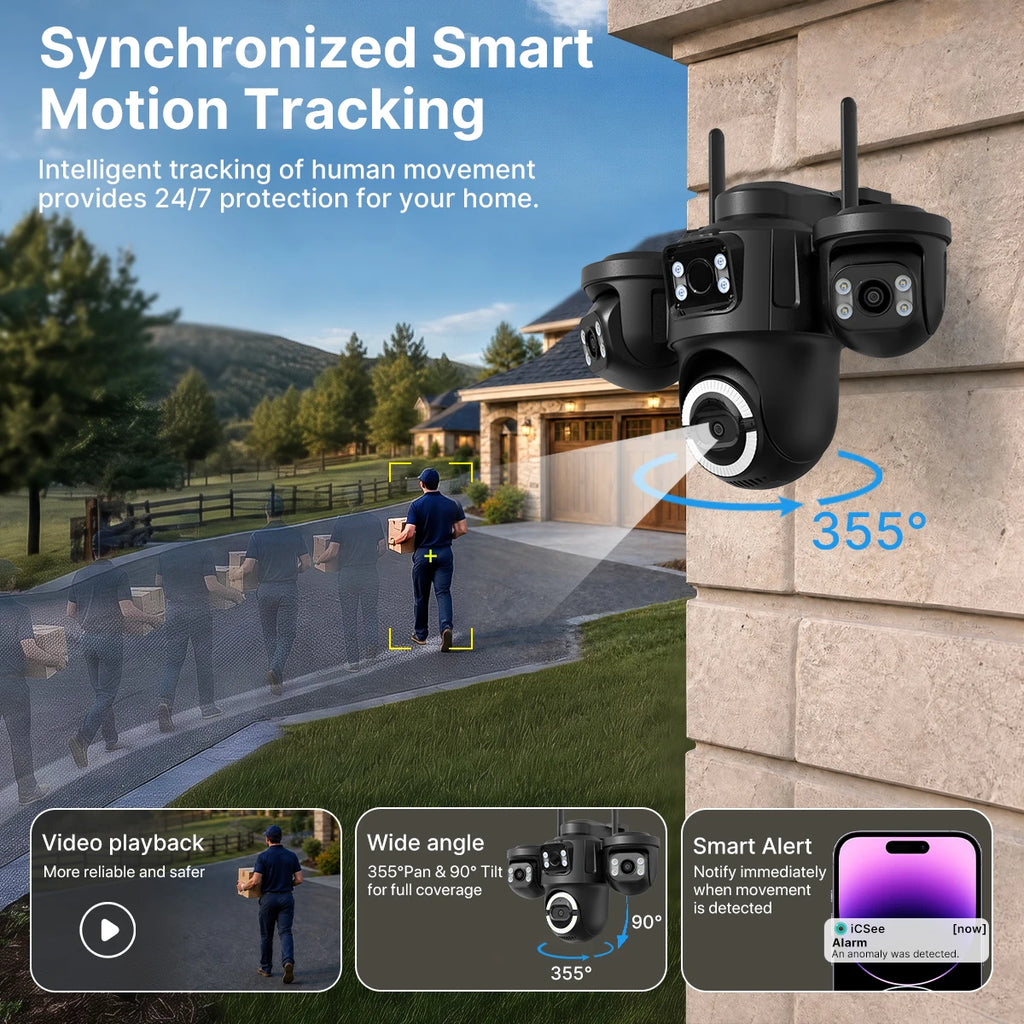 WONSDAR ICSEE WiFi IP Camera Outdoor Three Screen Home Security PTZ Camera CCTV Surveillance AI Human Detection Monitor