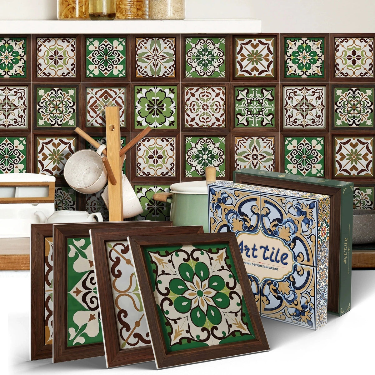 Peel-and-stick mosaic backsplash stickers with green and white floral patterned squares