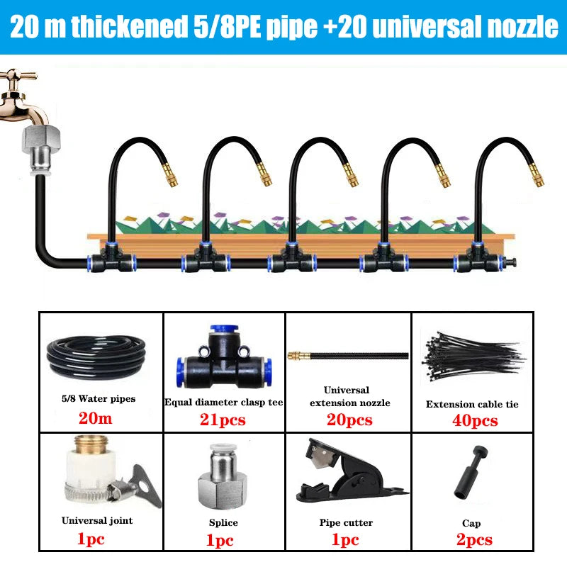 DIY misting kit contents: 20 m pipe, universal nozzles, tee, cutter, caps