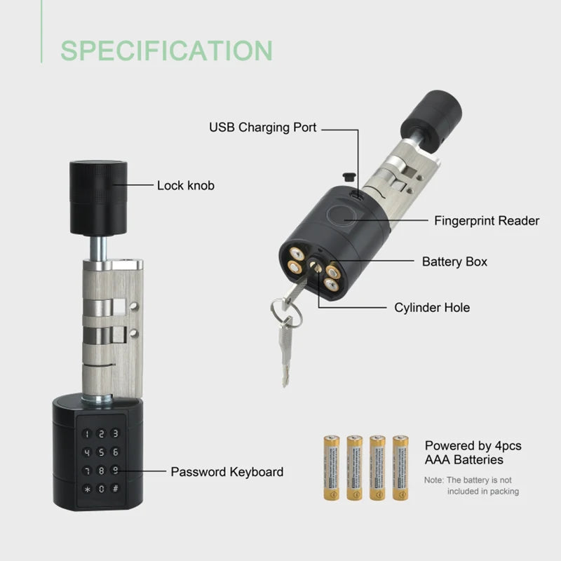 XSDTS Cylinder Electronic Smart Door Lock  Tuya APP Fingerprint Digital Keypad Key Card Remote Control Adjustable Home Apartment