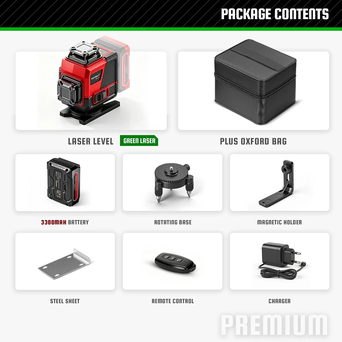 360 green laser level kit with carrying bag, rotating base, magnetic holder, steel sheet, charger