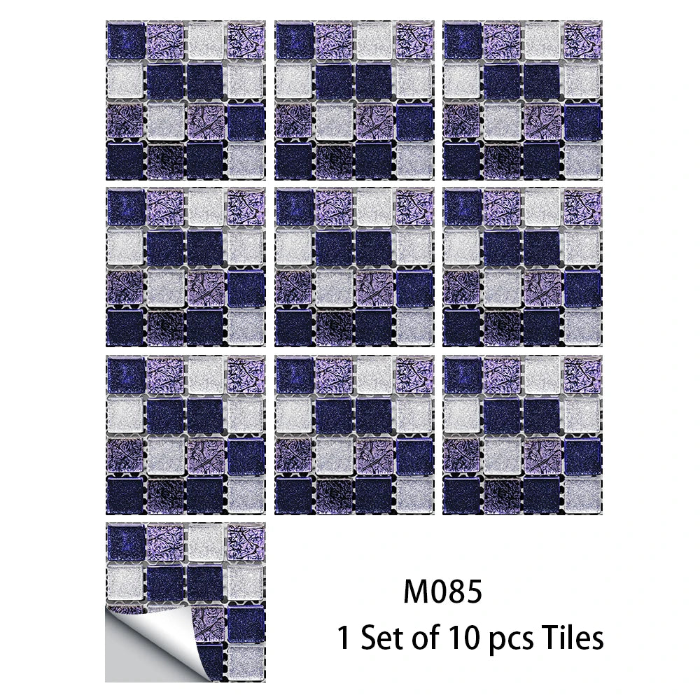 10pcs Flat Mosaic Style Tiles Sticker Kitchen Bathroom Waterproof & Oilproof Art Wall Sticker Peel & Stick Surface Glossy Film