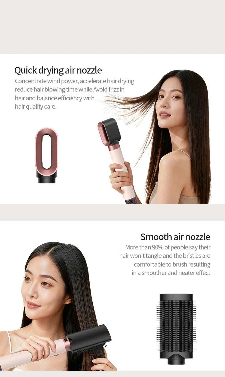 SenCiciMen 6-in-1 hair dryer and styler with rose gold handle, quick-dry nozzle, and smoothing brush attachment.