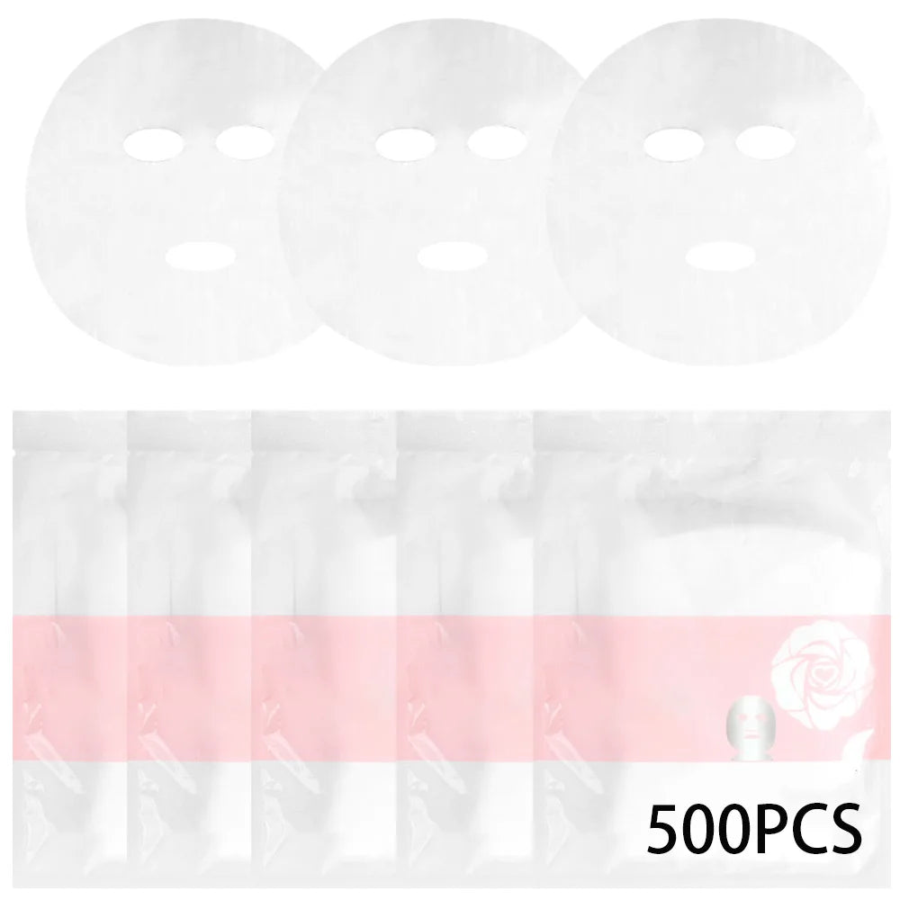 Three thin, white, transparent facial mask sheets and a 500-count pack featuring a pink band and rose logo.