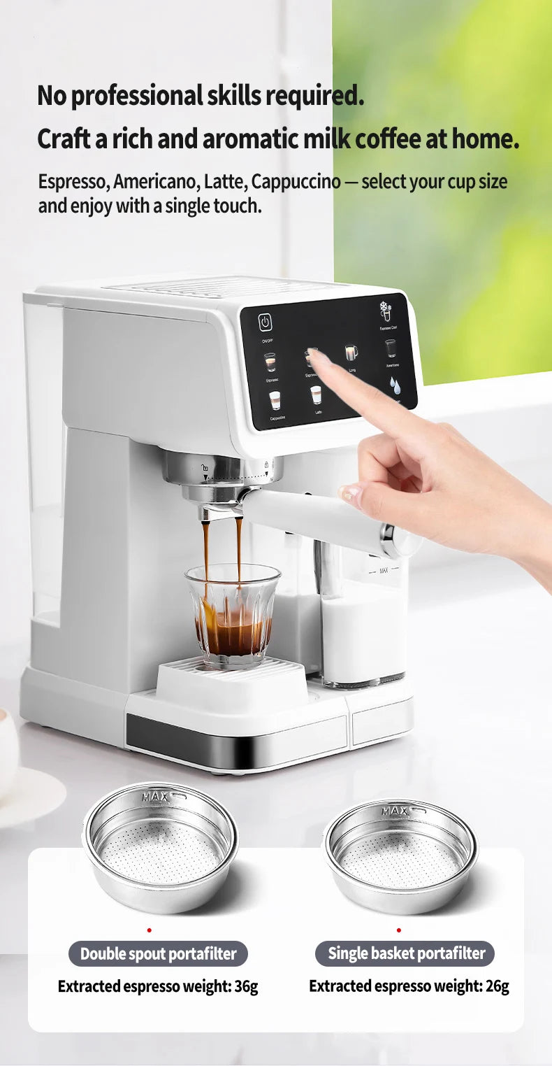 White automatic espresso machine with touch display, milk frother, and portafilter brewing coffee in a glass cup.