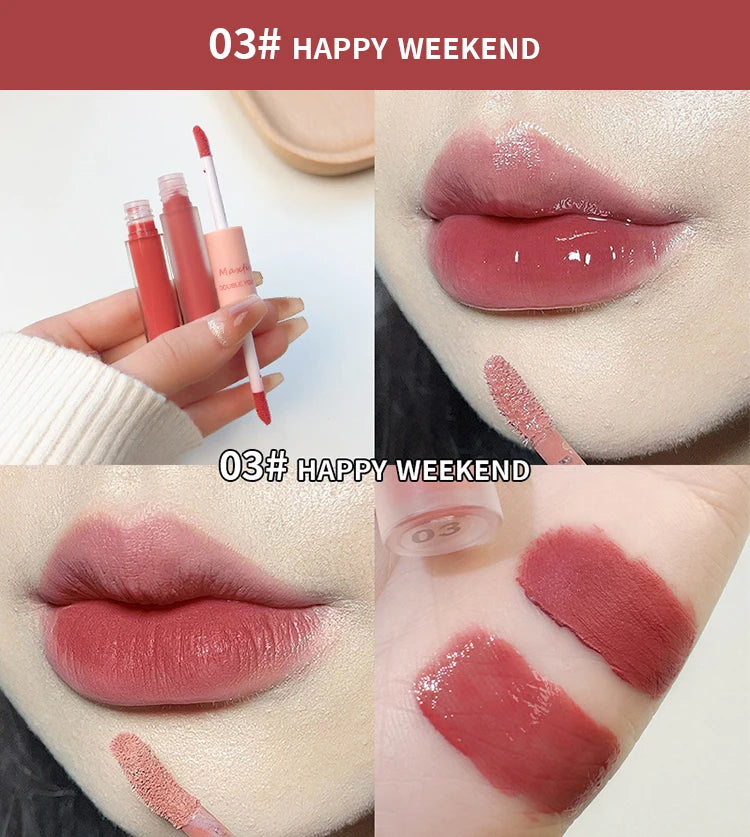 Double-ended lip gloss in Happy Weekend shade with velvet matte and glossy mirror finishes for waterproof lip makeup.