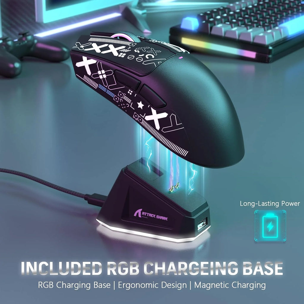 ATTACK SHARK X11 Wireless Gaming Mouse with RGB Magnetic Charging Dock, Wired/2.4G/BT, 22K DPI,Ultralight 59g Tri-Mode with Tape