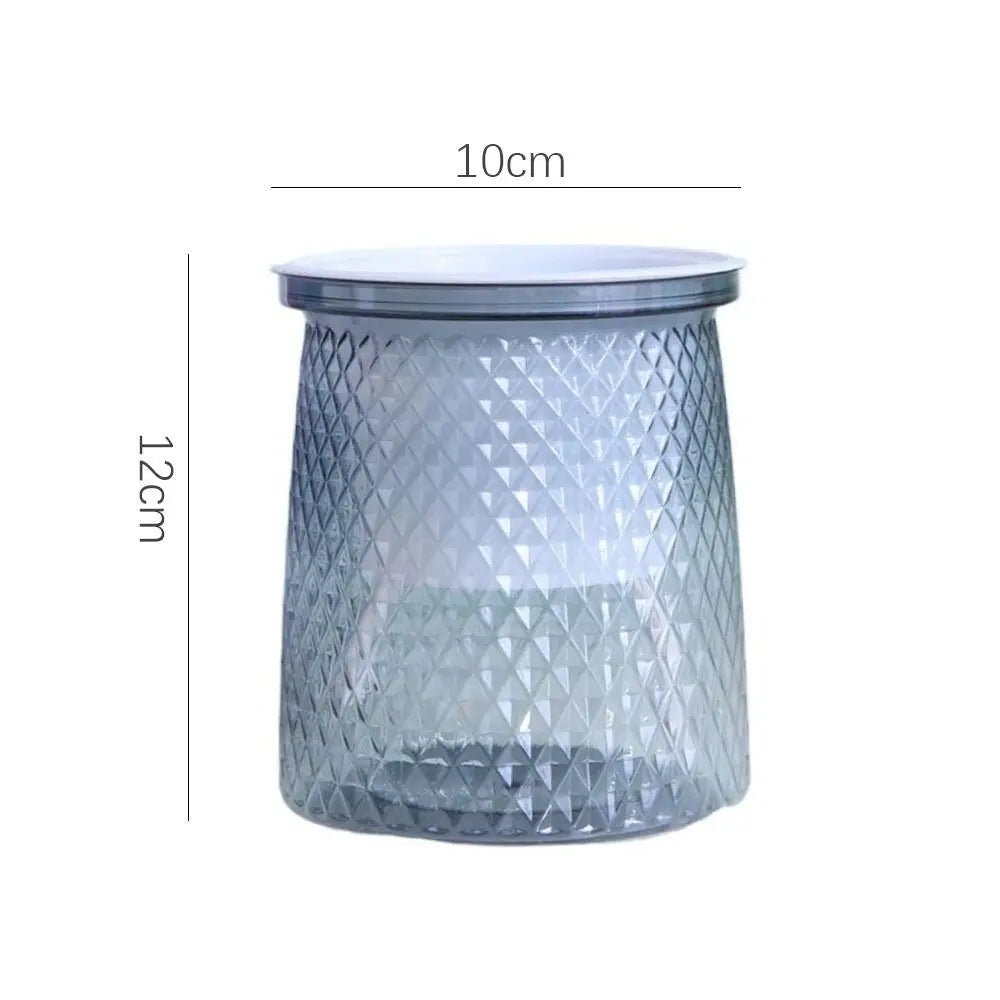 Self-watering plastic plant pot dimensions view: textured gray planter, clear top reservoir